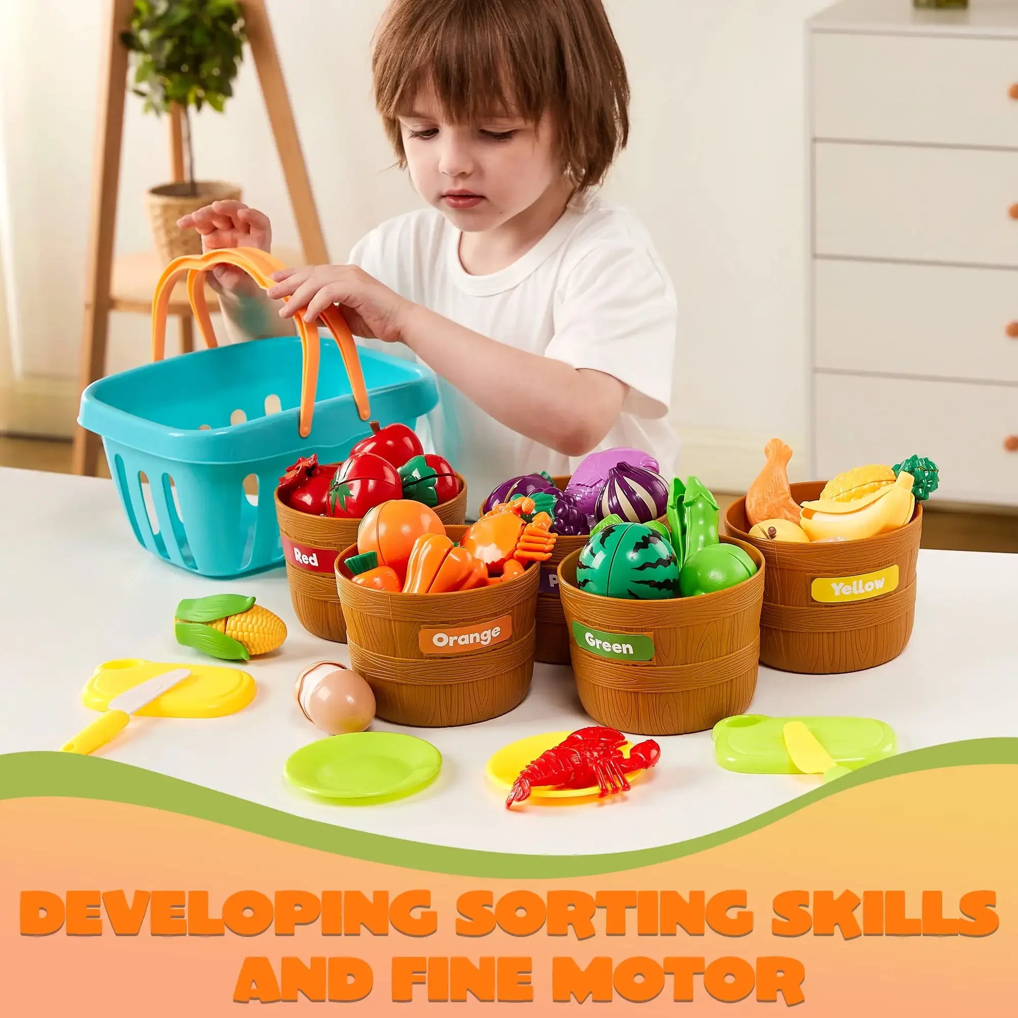 Joyfy 60 pcs Play Food Set for Kids Kitchen, Color Sorting Toy Food for Boys Girls Pretend Play Fake Food Toy for Toddlers