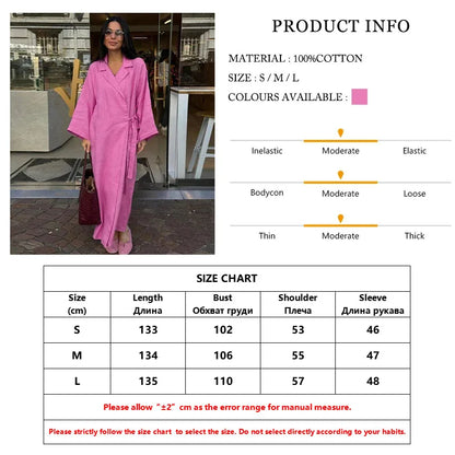 Clacive Casual Loose Pink Cotton Dress Ladies Fashion Lapel Long Sleeve Ankle Length Dress Elegant Lace-Up Dresses For Women - Smarsty