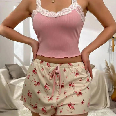 Women Pajama Set Lace Patchwork V-Neck Sleepwear Sexy Nighties Suit Camisole Top Printed Shorts Soft Pyjamas Loungewear - Smarsty