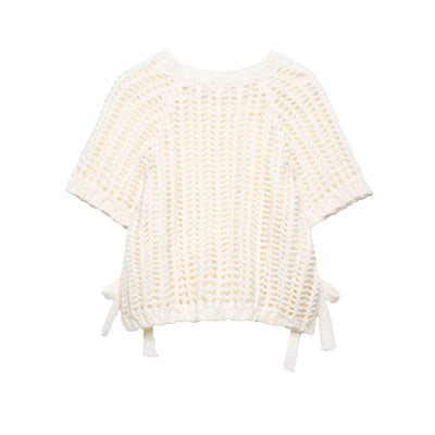 Hollow Out Knit Pullover Women Casual Round Neck Lace Up Bow Sweater Female Autumn Short Sleeves Solid Knitwears Lady - Smarsty