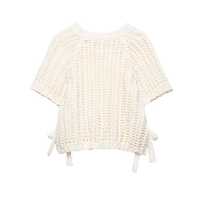 Hollow Out Knit Pullover Women Casual Round Neck Lace Up Bow Sweater Female Autumn Short Sleeves Solid Knitwears Lady - Smarsty