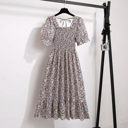 Spring Summer Chiffon Dresses Fashion Female Elastic Waist Short Sleeve Pleated Casual Dress Women A-line Dresses Vestidos - Smarsty