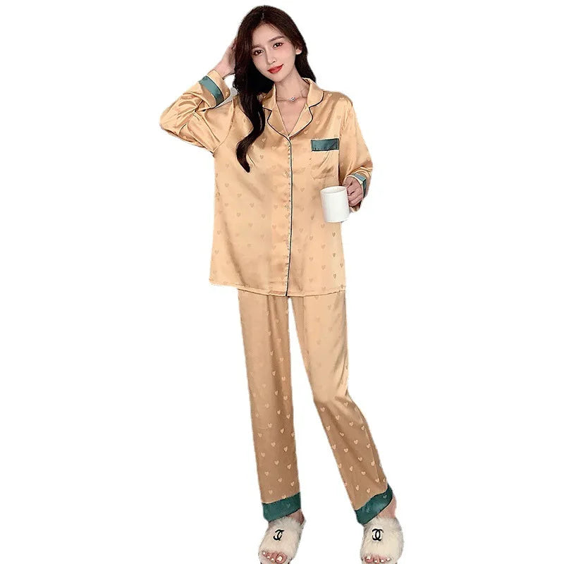Top Autumn New Ice Silk Women Pajama Lapel Button Cardigan Outfits for Women 2 Piece Set Fashion Printing Set Clothes for Women - Smarsty