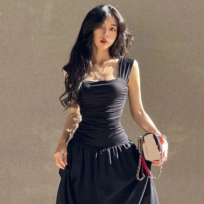 Black Wide Strap Maxi Dress for Women Summer Elegant Temperament High-Waist Party Long Dresses Sexy Ruched Bodycon Midi Dress - Smarsty