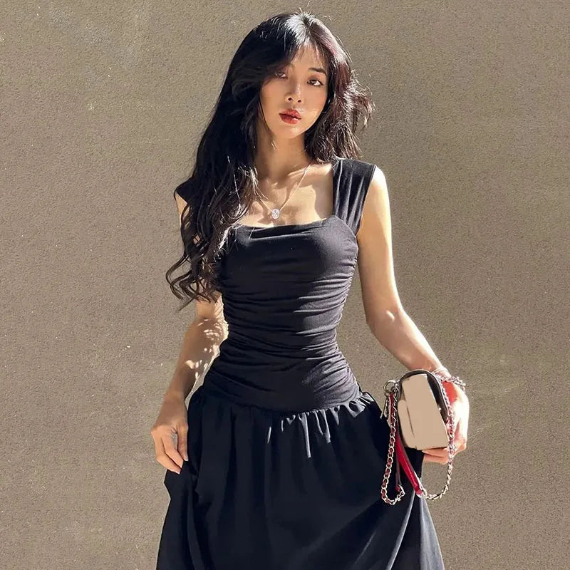 Black Wide Strap Maxi Dress for Women Summer Elegant Temperament High-Waist Party Long Dresses Sexy Ruched Bodycon Midi Dress