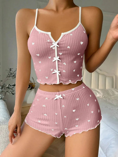 Sexy Sleepwear Women Pajamas Set Heart Print Silk Stain V-Neck Sleeveless Casual Cami Top and Shorts Sets Home Suit Loungewear - Smarsty