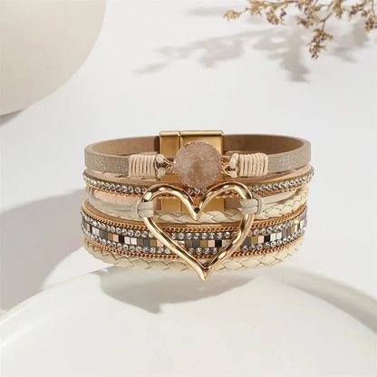 Women Leather Heart Charm Bracelet Rhinestone Wrap - Smarsty