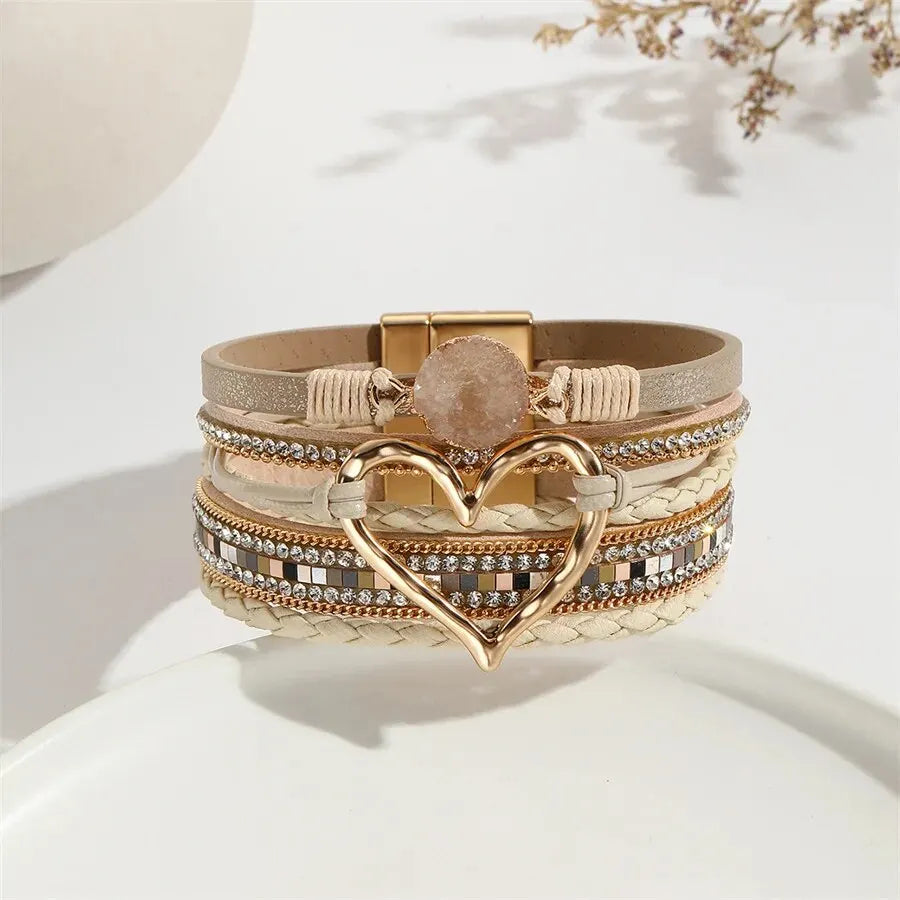 Women Leather Heart Charm Bracelet Rhinestone Wrap - Smarsty