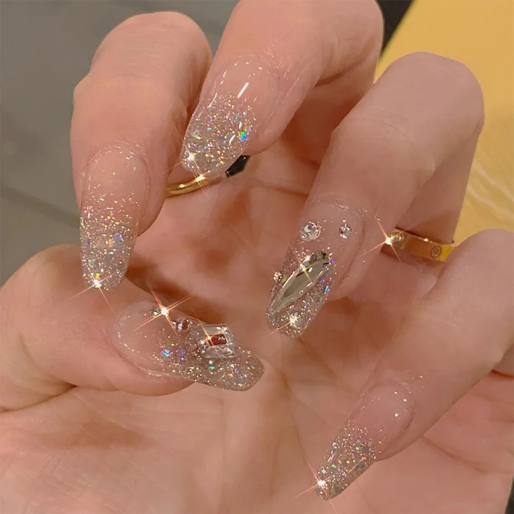 Long Coffin Nails with Glitter Diamond Finish - Smarsty