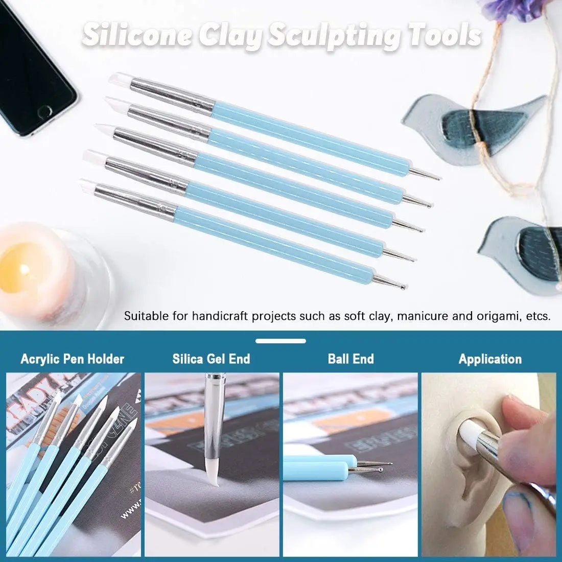 5Pcs Silicone Clay Sculpting Tool for Brush Modeling Dotting Nail Art Pottery Clay Tool DIY Carving Sculpting Tools Soft Head - Smarsty