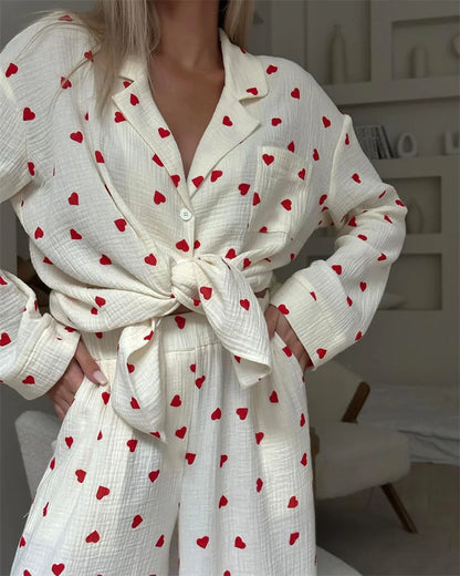 Summer New Love Heart Print Pyjama 100% Cotton Long Sleeve Set 2Pcs Outfit Lapel Sleepwear Button Down Women's Pajamas Nightwear - Smarsty