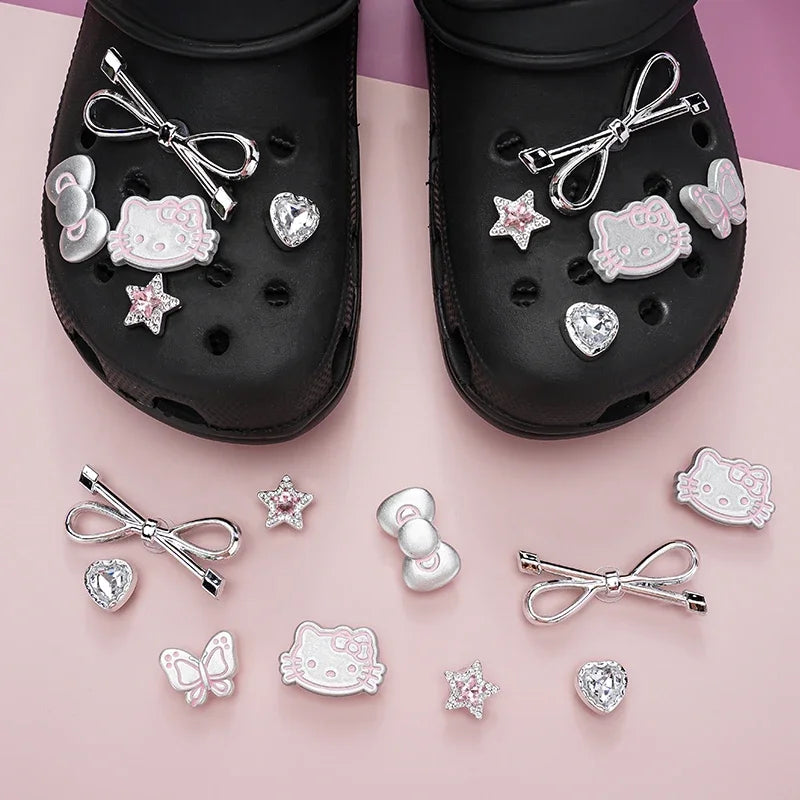 MINISO Hello Kitty Shoe Charms Set Silver Katie KT Cat Girls Women Sandals Accessories Hole Shoes Slippers & Clogs Decoration