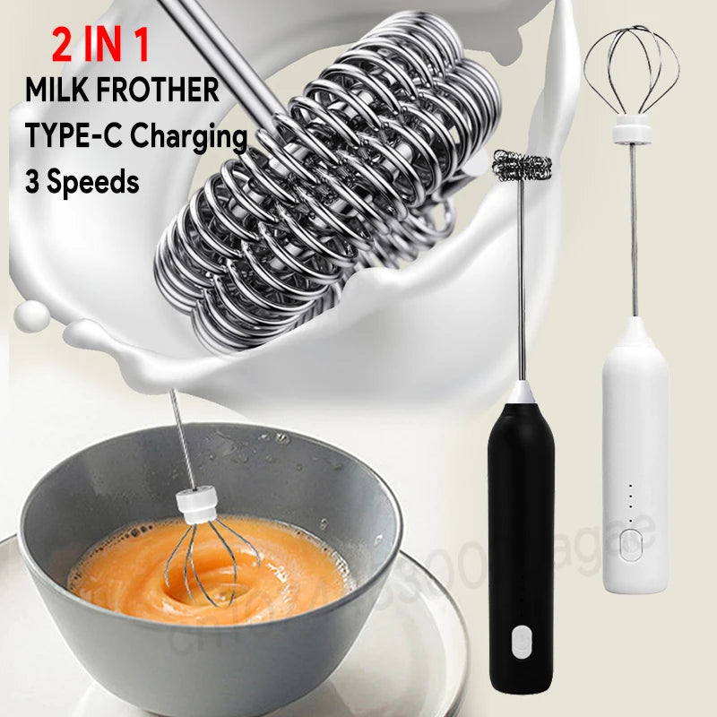 HOT  Electric Milk Frother + Egg Beater Wireless Type-C Charging 3 Speeds Mini Handheld Foam Maker Coffee Whisk Cooking Tools - Smarsty