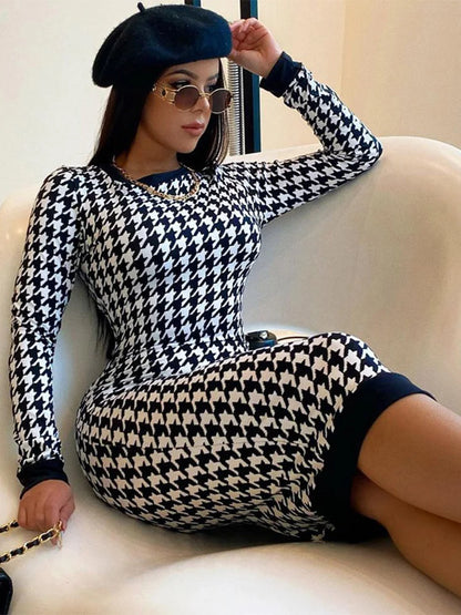 Houndstooth Print Women Long Sleeve Midi Dress Hollow Out Bodycon Sexy Streetwear 2022 Autumn Winter Club Elegant Slim - Smarsty