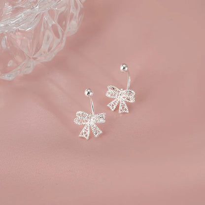 925 Sterling Silver Lace Heart Bow Stud Earrings Minimalist - Smarsty
