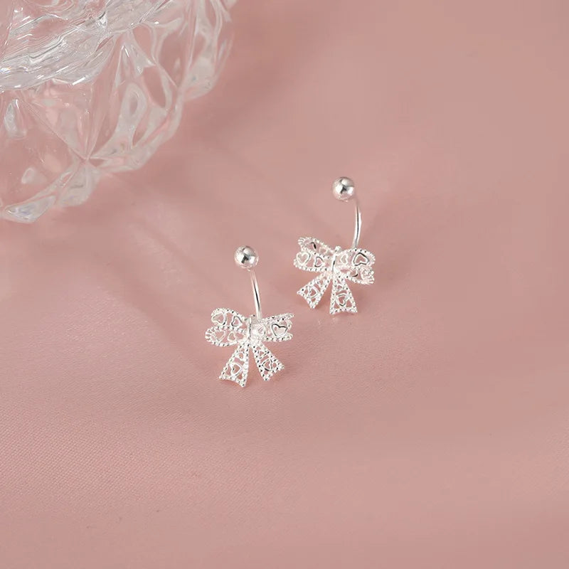 925 Sterling Silver Lace Heart Bow Stud Earrings Minimalist - Smarsty