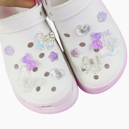 12PCS Fashion Shoe Charms Set Accessories Hole Shoe Buckle Transparent Butterfly Bear Crystal Heart DIY 3D Shoes Decorations