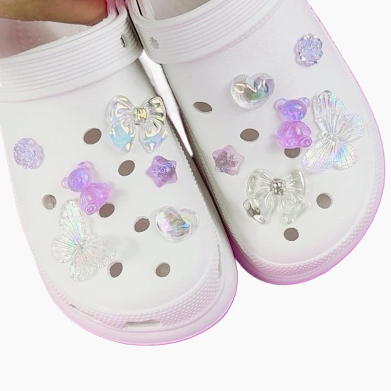 12PCS Fashion Shoe Charms Set Accessories Hole Shoe Buckle Transparent Butterfly Bear Crystal Heart DIY 3D Shoes Decorations