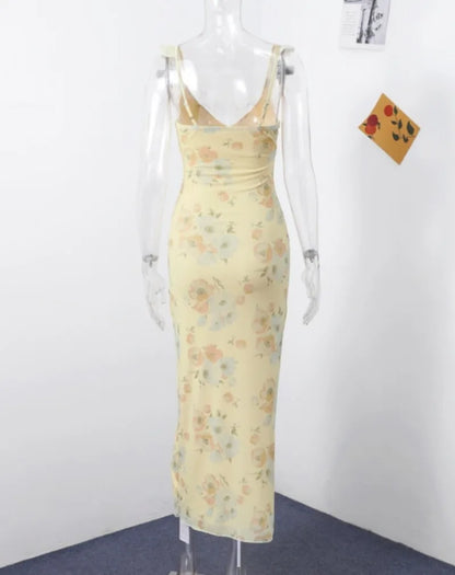 Summer Flower Printed Women's Sexy Low-cut Dress Sleeveless Backless Slim Sling Dresses 2025 Beach Vacation Lady Vestidos - Smarsty