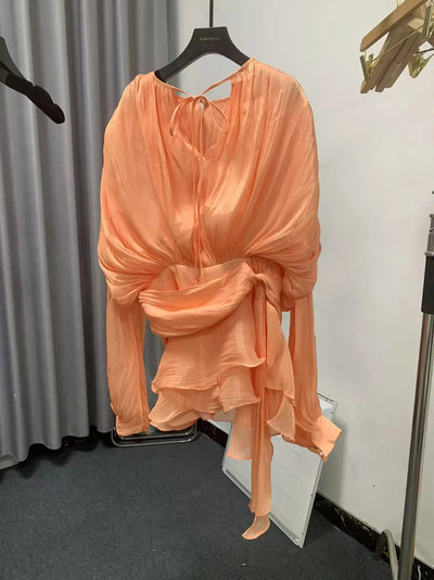 GALCAUR Solid Loose Splicd Lace Up Dresses For Women V Neck Long Sleeves Patchwork Ruffles Tunic Dreses Female Fashio New - Smarsty