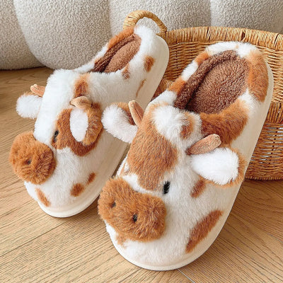 Casual Fluffy Slippers Women House Cute Cartoon Cow Designer Shoes Girl Flat Fashion Elegant Plush Winter Platform Footwear Home - Smarsty