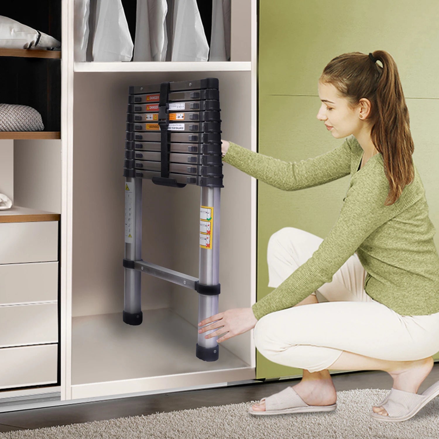 DayPlus Telescoping Ladder Stainless Steel Folding Ladder Portable Extendable Loft Ladder Capacity Max Load 150kg/330lb,EN131