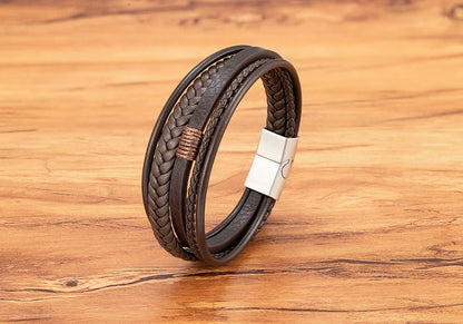 Mens Leather Bracelet Magnetic Buckle Multilayer Bangles - Smarsty