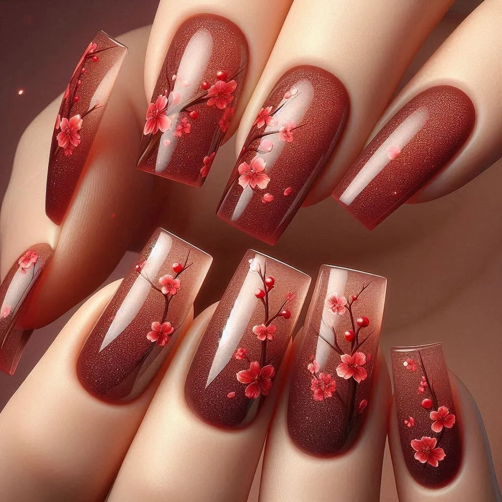 24 Piece Set Medium Long Press On Nails with Floral Design - Smarsty