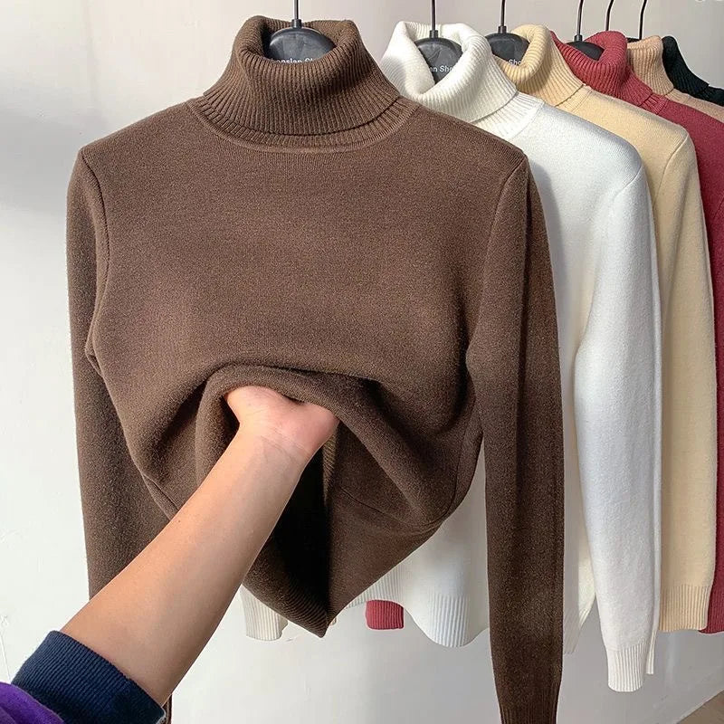 Turtleneck Winter Sweater Women Elegant Thicken Velvet Lined Warm Sueter Knitted Pullover Slim Tops Jersey Knitwear Jumper New - Smarsty