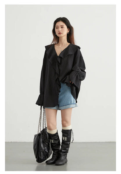 CHIC VEN Women Shirt Loose Casual Ruffled Edges Female Blouses V Neck Lace Up Mid Length Woman Shirts Spring Summer 2024 - Smarsty