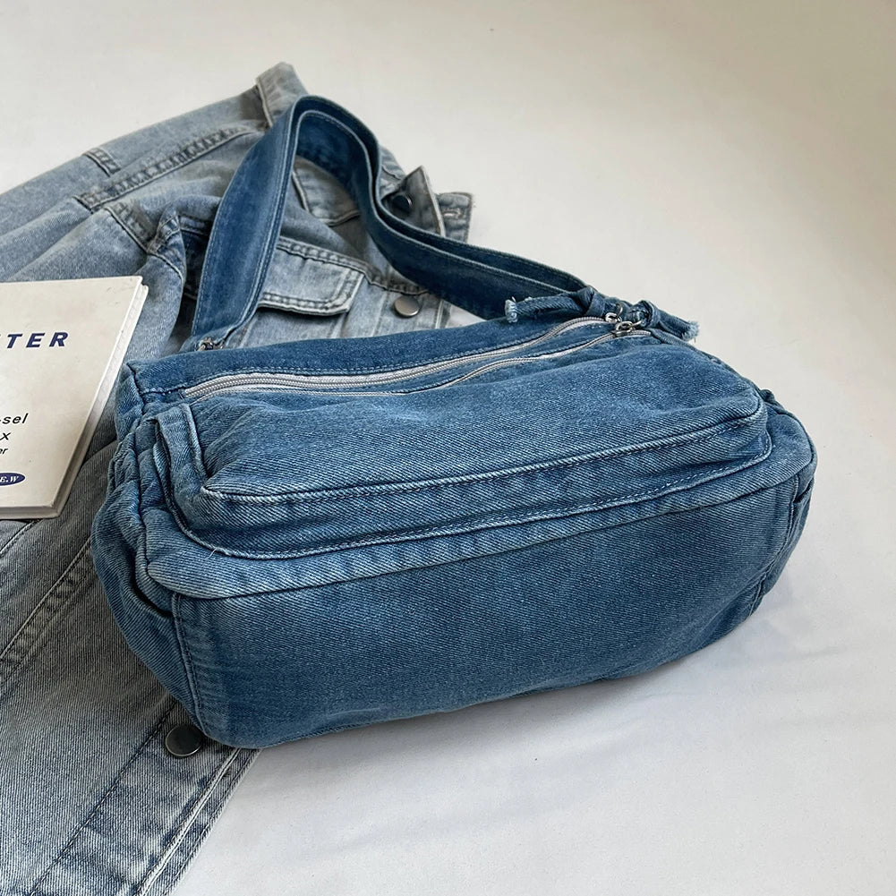 Vintage Denim Shoulder Bag Large Capacity Satchel For Women - Smarsty