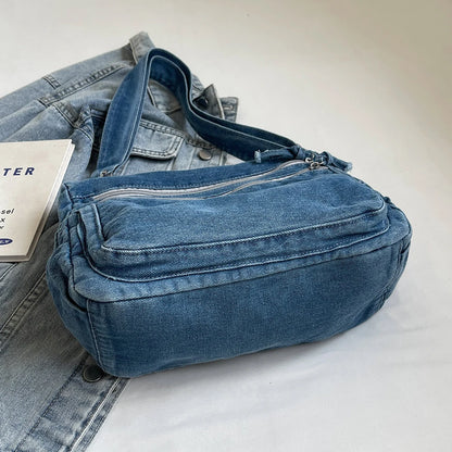 Vintage Denim Shoulder Bag Large Capacity Satchel For Women - Smarsty