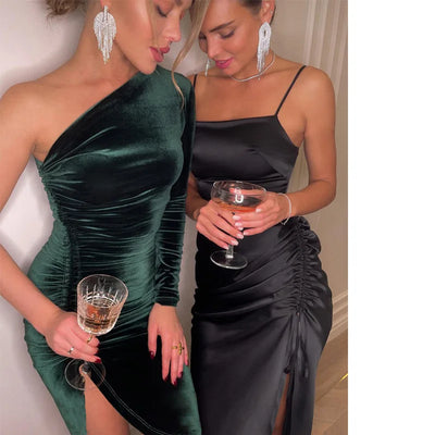 Women Elegant Long Sleeve Party Evening Velvet Bodycon Split Pencil Midi Dress Spring Autumn Clothes - Smarsty