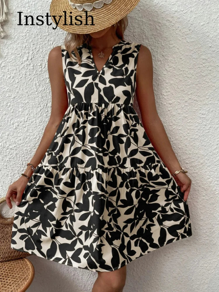 Women Boho Print Mini Dress Summer Elegant Sleeveless V Neck Ruffle A Line Tank Dress Casual Loose Oversize Beach Party Sundress - Smarsty