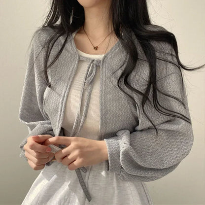 White Knitted Cardigan for Women Summer Thin Sunscreen Lace-Up Knitwear Tops Female Fashion Korean Lantern Sleeve Short Coat - Smarsty
