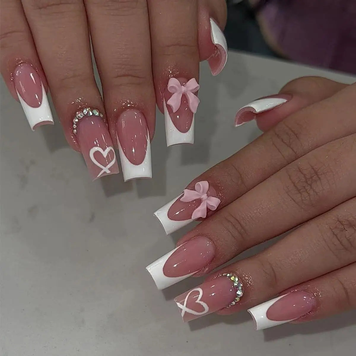 24PCS Pink French Fake Nails for Parties - Smarsty