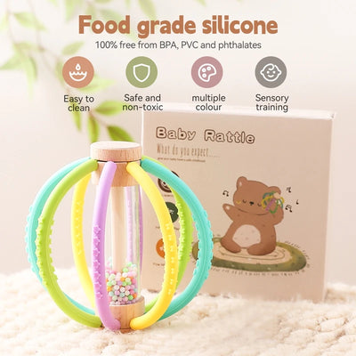 Baby Rattle Toy Wooden Rain Drum With Silicone Baby Sensory Touch Toy Newborn Dental Care Gum Anti-eating Hand Molar Stick Gif by Smarsty