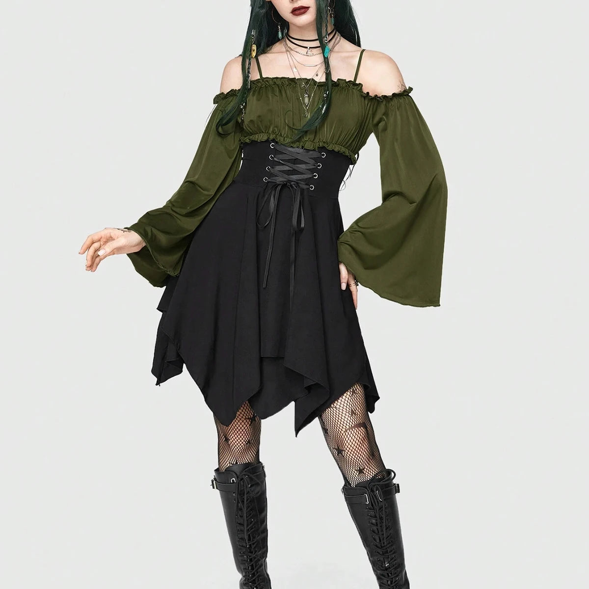 Mia Muse Women's Dresses Autumn Halloween Contrast Color Asymmetrical Hem Flounce Trim Lace Up Long Sleeve Off Shoulder Mini Dre - Smarsty