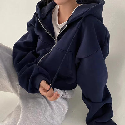 Autumn Winter Hooded Hoodies Women Casual Streetwear Zip Up Sweatshirts Long Sleeve Jackets Harajuku Y2K Crop Tops Hood Shirt - Smarsty