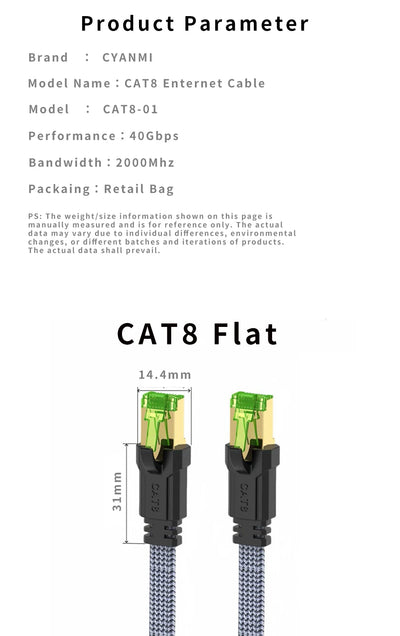 Cyanmi Cat8 Ethernet Cable 40Gbps High Speed Network - Smarsty