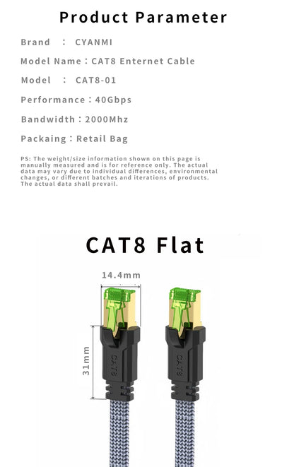 Cyanmi Cat8 Ethernet Cable 40Gbps High Speed Network - Smarsty