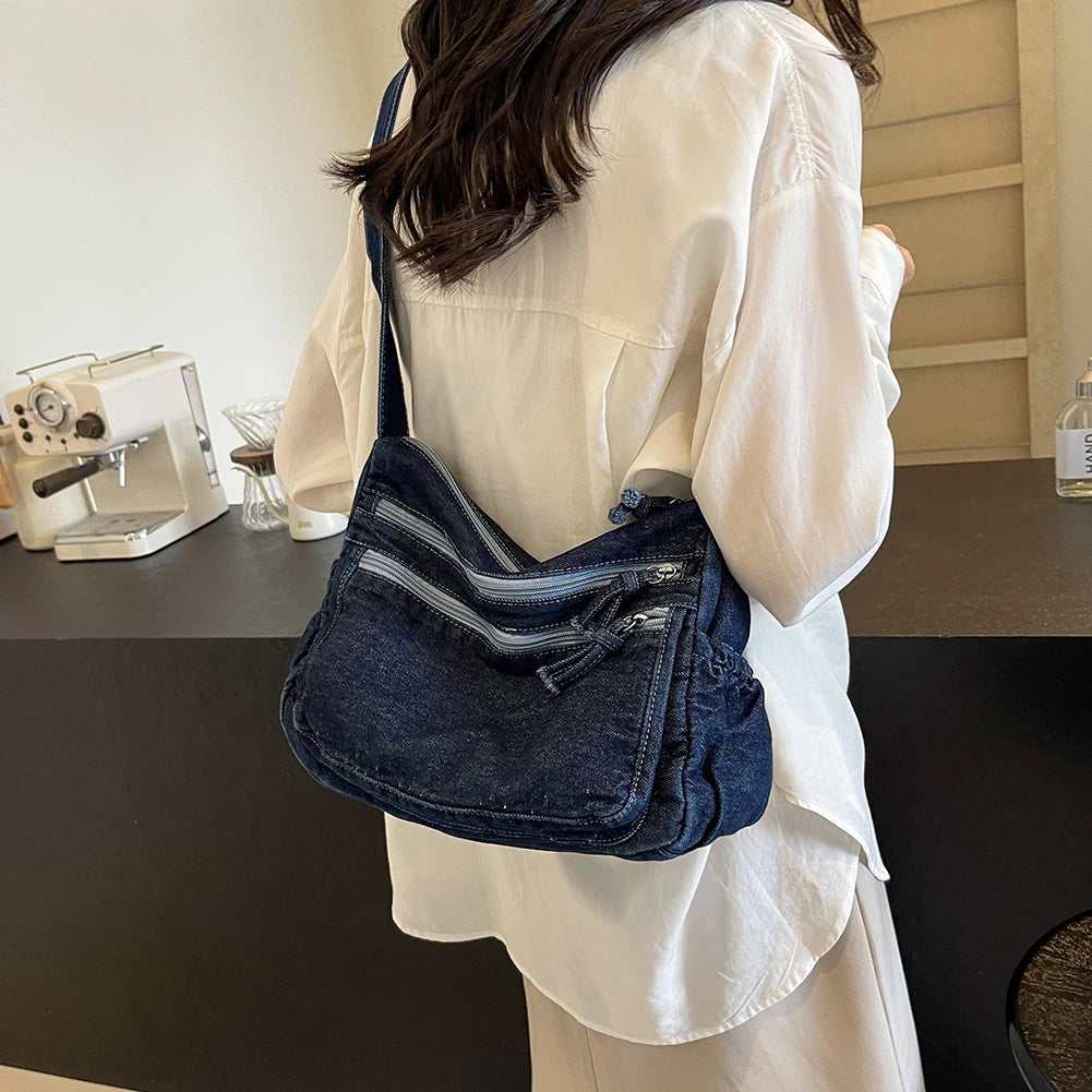 Vintage Denim Shoulder Bag Large Capacity Satchel For Women - Smarsty