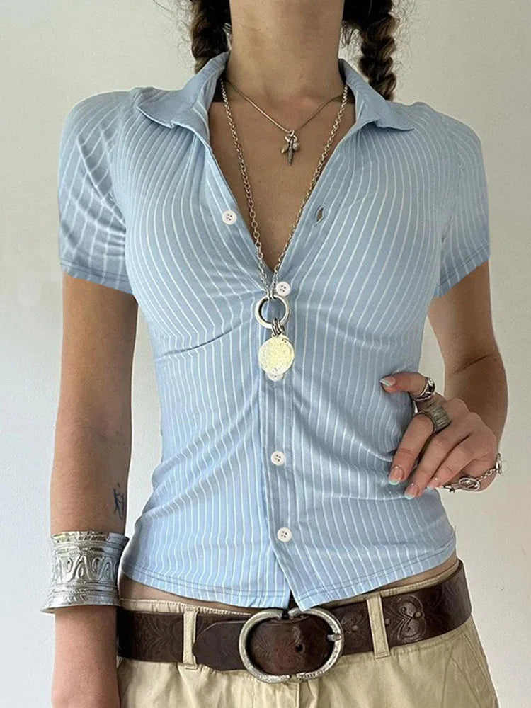 Sweetown Blue Stripe Short Sleeve Shirts For Women Button Up Turn Down Collar Slim Simple Casual Preppy Tops Basic Summer Tees - Smarsty