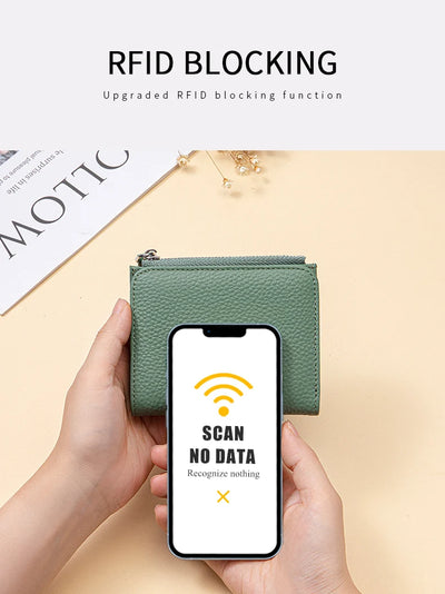 Women Genuine Leather Slim Short Wallet RFID Blocking Bi-Fold Wallet Credit Card Holder money clip wallet Zipper Coin pocket - Smarsty
