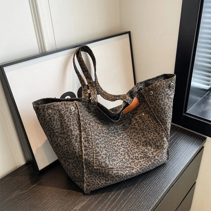 Leopard Pattern Tote Bag Vintage Canvas With Large Capacity - Smarsty