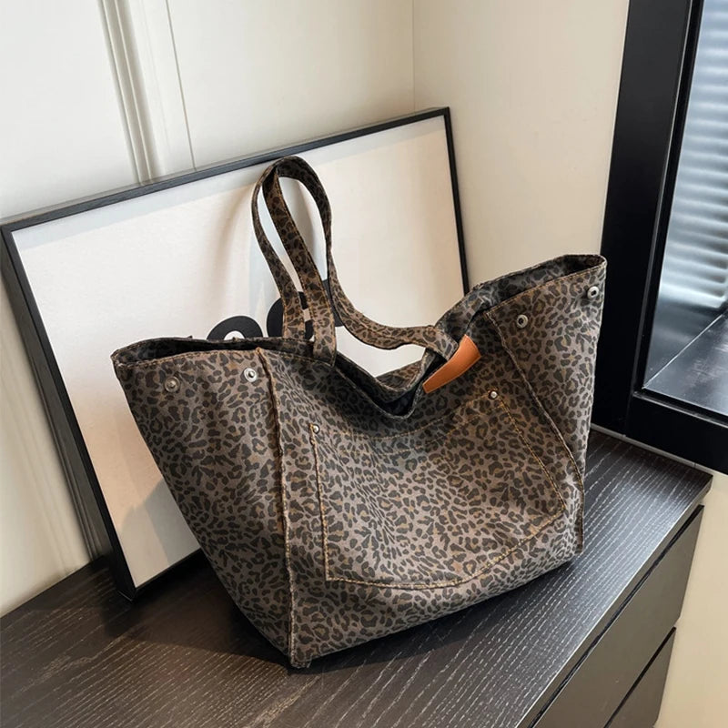 Leopard Pattern Tote Bag Vintage Canvas With Large Capacity - Smarsty