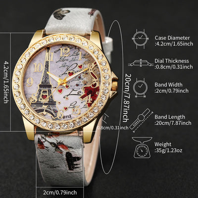 Fashion Rhinestone Women's Quartz Watch Set with Floral Design - Smarsty