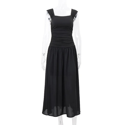 WhereMery Elegant Slip Long Dresses Sexy Women Ruched Bodycon Solid Maxi Dress Spring Y2K Summer Temperament High-waist Vestidos - Smarsty