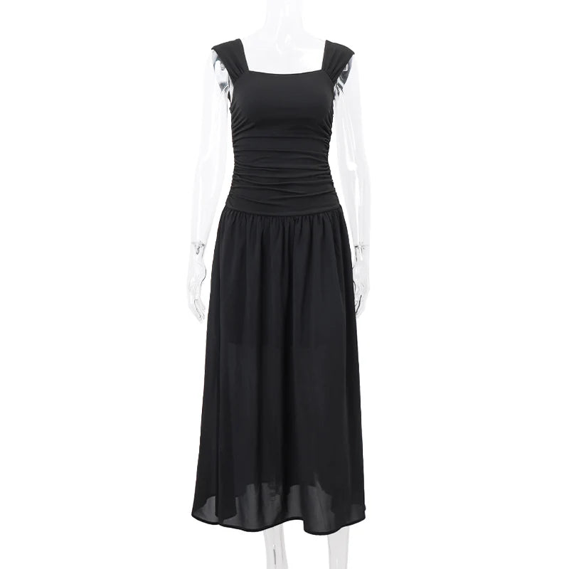 WhereMery Elegant Slip Long Dresses Sexy Women Ruched Bodycon Solid Maxi Dress Spring Y2K Summer Temperament High-waist Vestidos - Smarsty