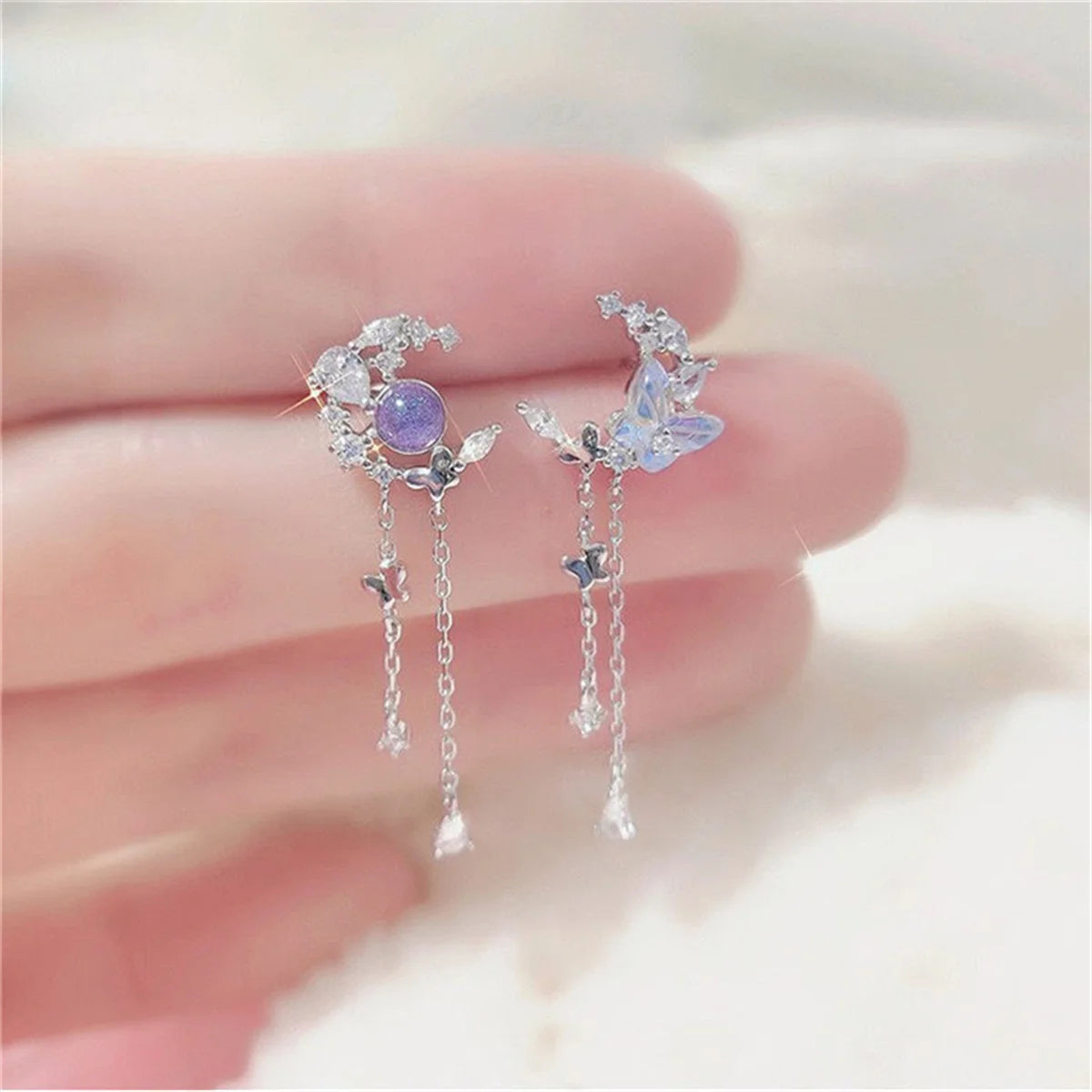 Korean Moon Butterfly Crystal Drop Earrings for Party Women - Smarsty